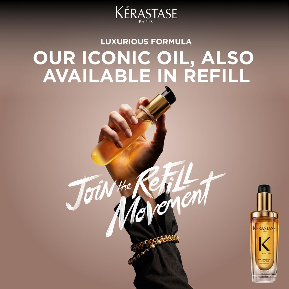 KÉRASTASE step-by-step refill instruction demonstrating easy sustainable swap