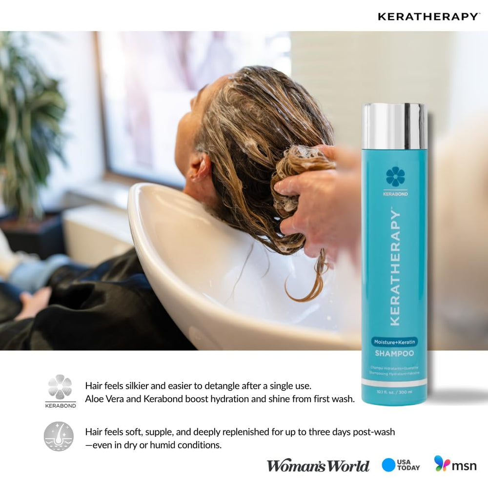 KERATHERAPY in-bathroom use showing routine ease and anti-frizz benefit