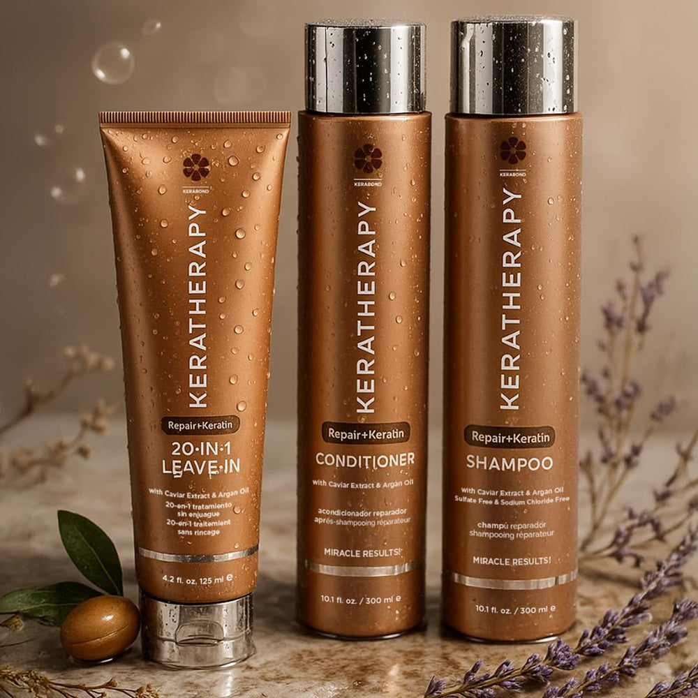 KERATHERAPY stylist spraying product on model for heat protection and manageability