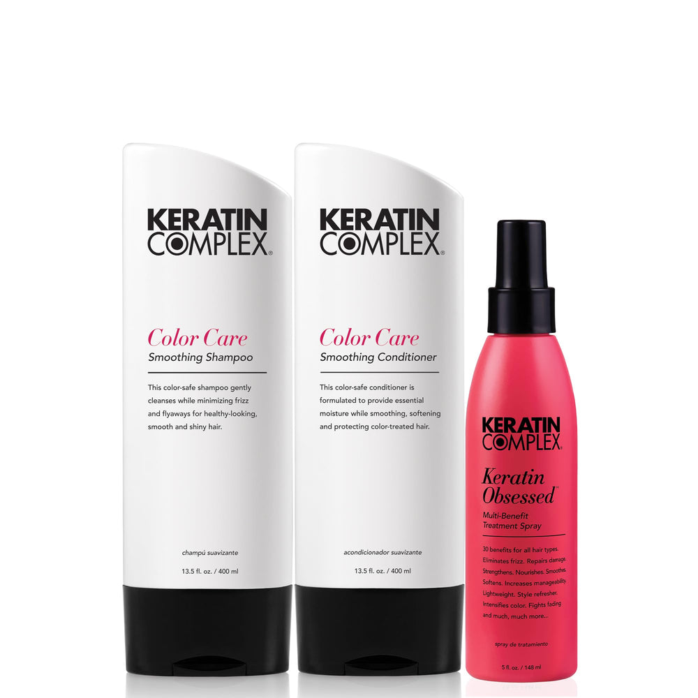 Keratin Complex front packaging showing the full aftercare kit and brand protection