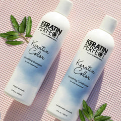 Keratin Perfect bottle in hand showing 12oz size and travel-friendly benefit
