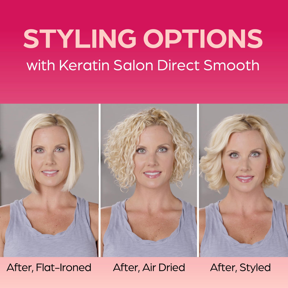 Keratin Salon Direct before and after split image showing reduced frizz and smoother hair
