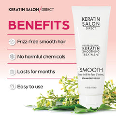 Keratin Salon Direct jar beside hand showing 4 oz scale and travel-friendly benefit