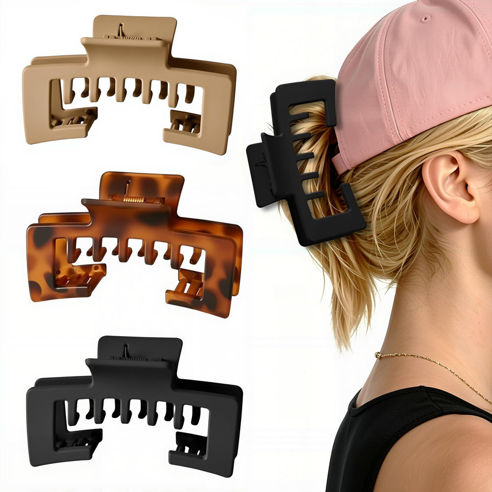 Kerfulty front view of three tortoise hat clips showing design and pattern benefit: stylish matching set