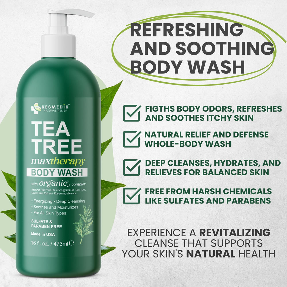 KESMEDIK label close-up highlighting tea tree oil and ingredient callouts