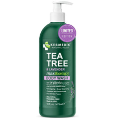 Arrangement of tea tree, lavender, and botanicals highlighting natural formula