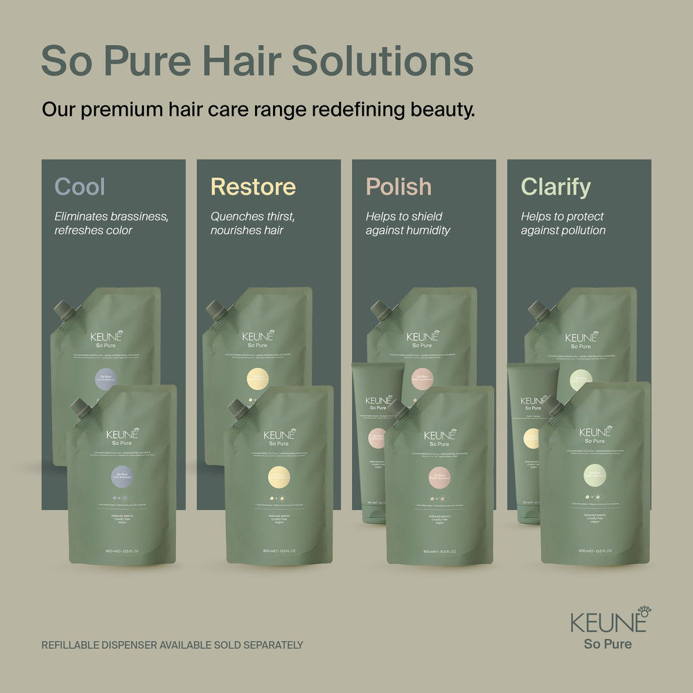 KEUNE 400ml bottle size comparison with hand showing ideal everyday capacity