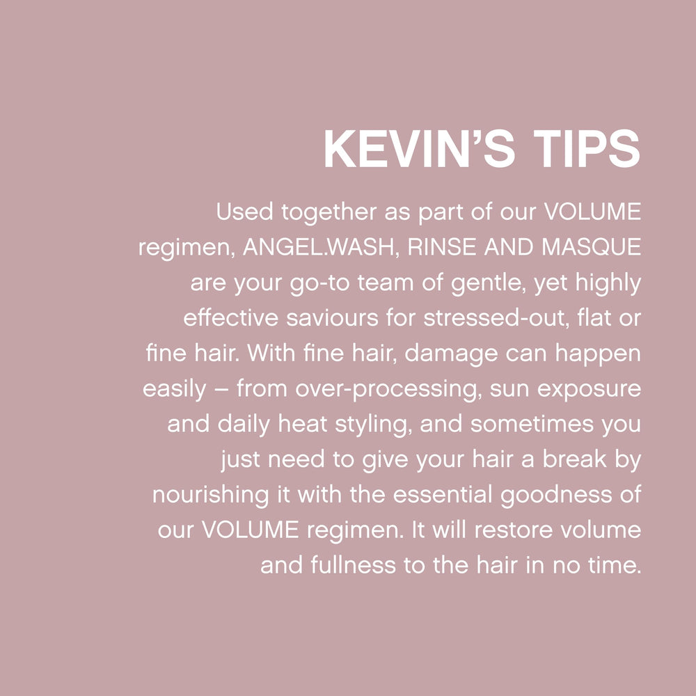 KEVIN.MURPHY ANGEL.RINSE next to ruler indicating 250ml scale and travel-friendly benefit