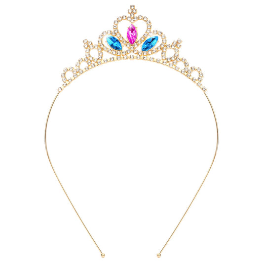 KICOSY tiara front view showing pink and blue crystals and regal sparkle
