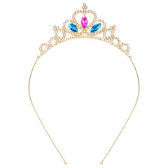 KICOSY tiara front view showing pink and blue crystals and regal sparkle