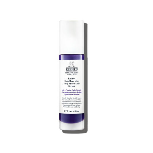 Kiehl's bottle front view showing compact anti-aging serum, easy daily use