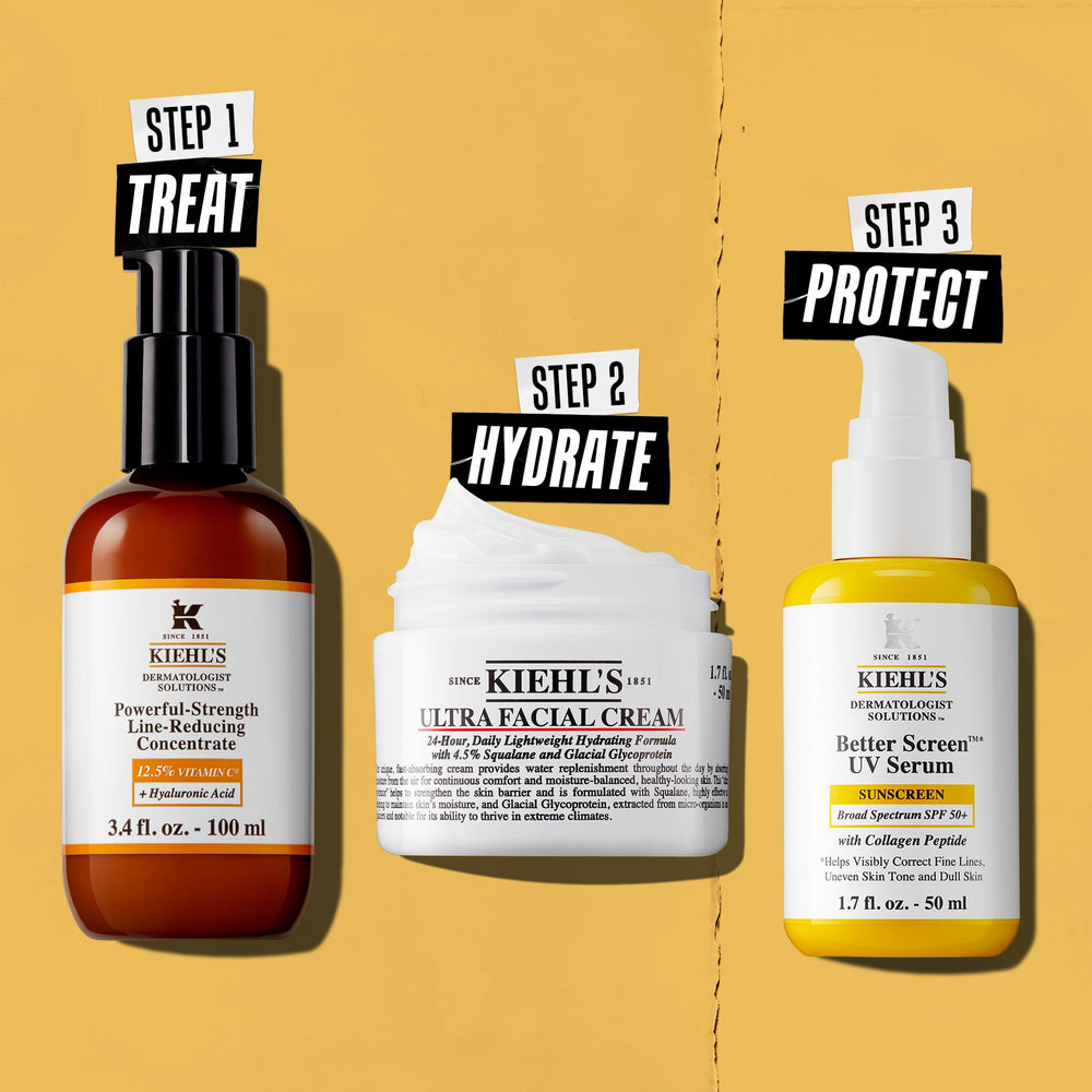 Kiehl's serum in a morning skincare setup conveying brightening routine benefit