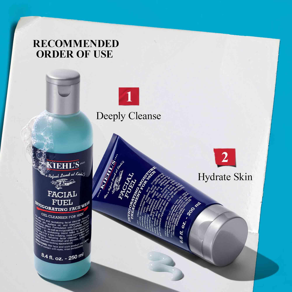 Kiehl's products in use during a morning routine for refreshed, energized appearance