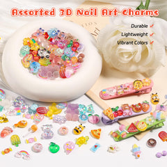 Kikonoke charms applied on acrylic nail swatch demonstrating playful finished look