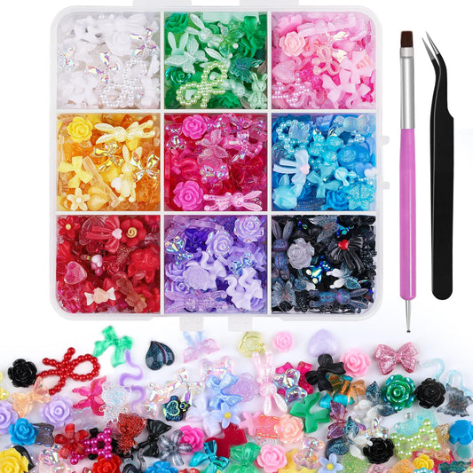 Kikonoke front packaging displaying 630+ colorful resin nail charms and tools, shows value