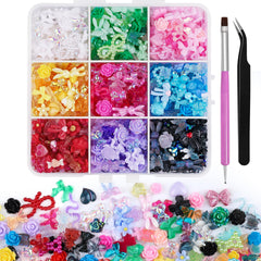 Kikonoke front packaging displaying 630+ colorful resin nail charms and tools, shows value