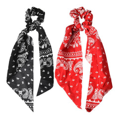 Kilener front view of ribbon scrunchie showing bandana print and bow benefit