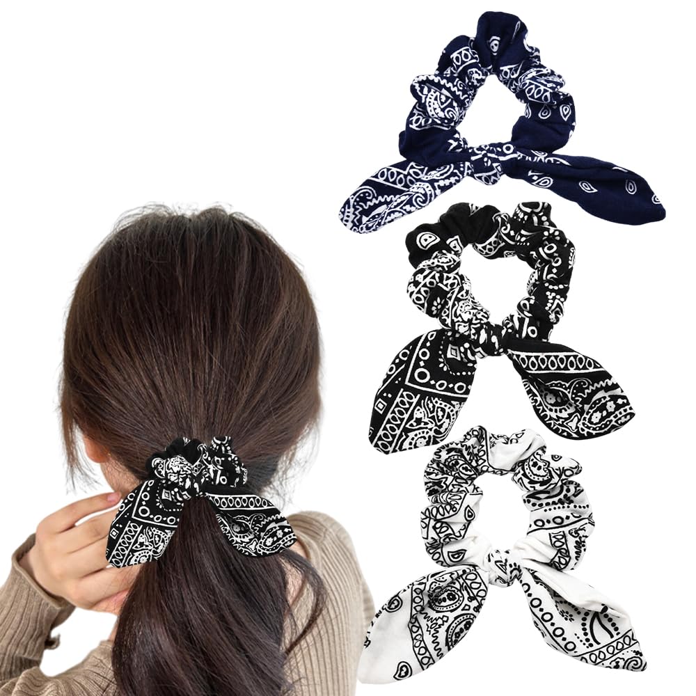Kilener front packaging showing three paisley bow scrunchies and gift-ready look