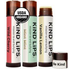 Kind Lips front packaging showing three tins and flavor labels for easy selection