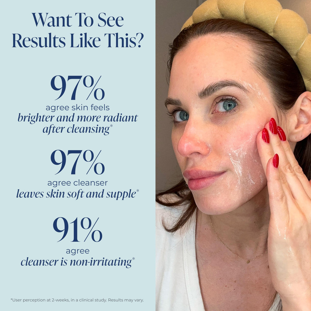 Kind Science cleanser lightly massaged on hand demonstrating soft, balanced skin