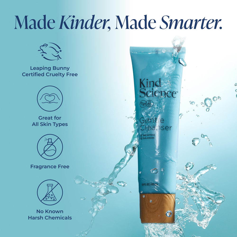 Kind Science cleanser on bathroom counter as part of evening routine for calm skin