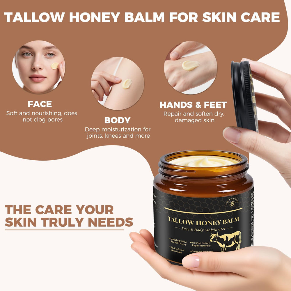 KINGMING raw honey and grass-fed tallow ingredients displayed showing natural nutrient benefit
