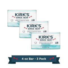 Kirk's front packaging showing three fragrance-free bars and benefits