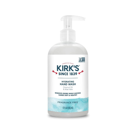 Kirk's front bottle view showing unscented hand wash benefits