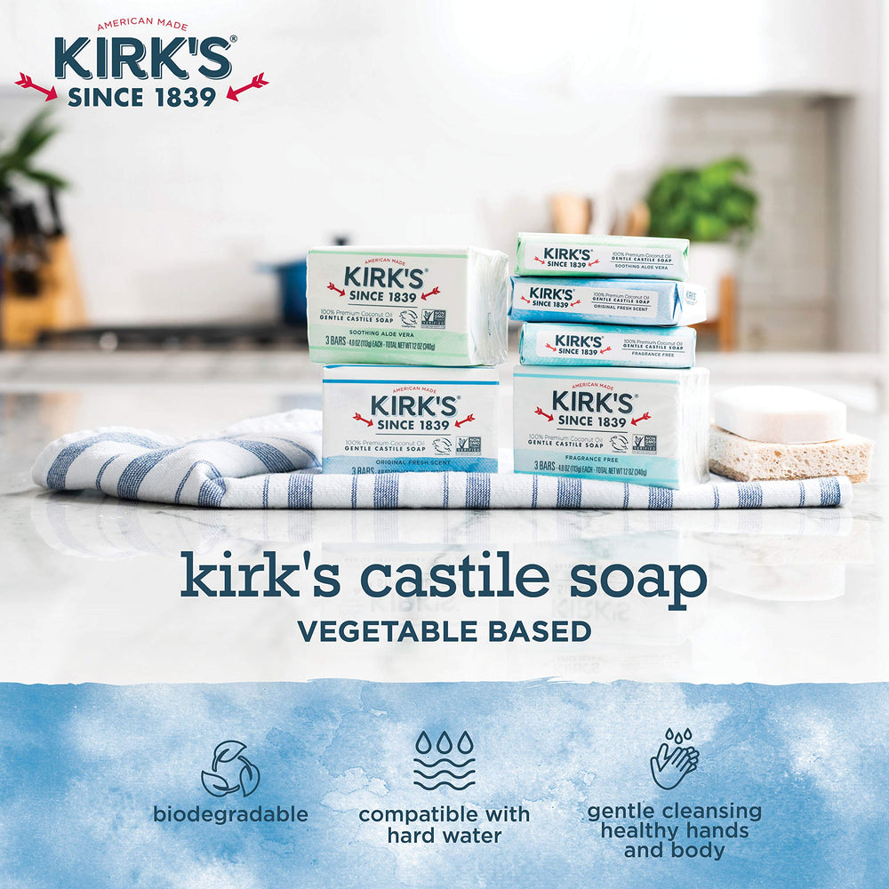 Kirk's soap held in hand illustrating compact 4-ounce size benefit