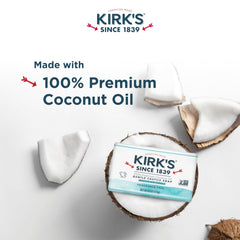Kirk's castile bar side profile highlighting smooth texture and firm coconut-oil soap quality