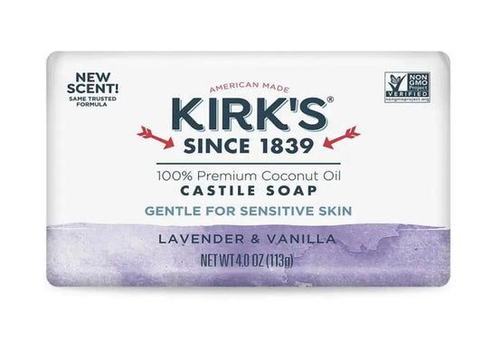 Kirk's front packaging showing lavender and vanilla scent and clean labeling benefits