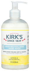 Kirk's front bottle showing lemon and eucalyptus label, fresh scent benefit
