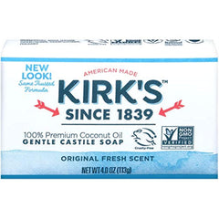 Kirk's Castile front packaging showing two 4 oz bars and clear branding for easy identification