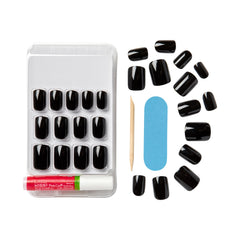 KISS kit laid out with pink gel glue, mini file, stick and nails for easy use