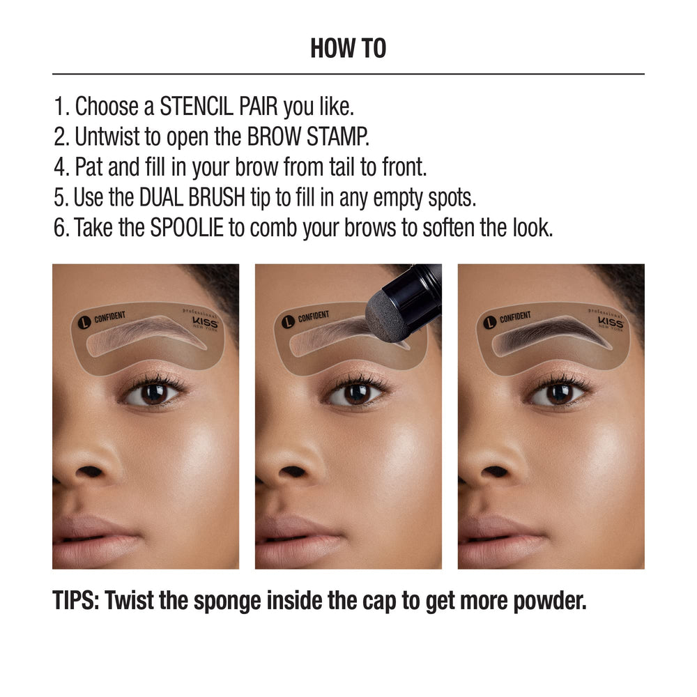 Kiss brow stamp in use aligning stencil and stamping for symmetry