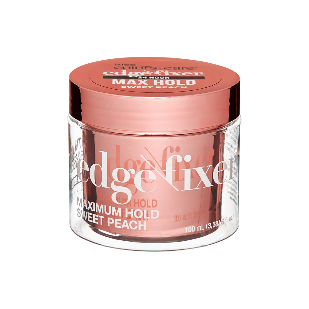 KISS COLORS & CARE front packaging showing Sweet Peach scent and 24-hour hold benefit