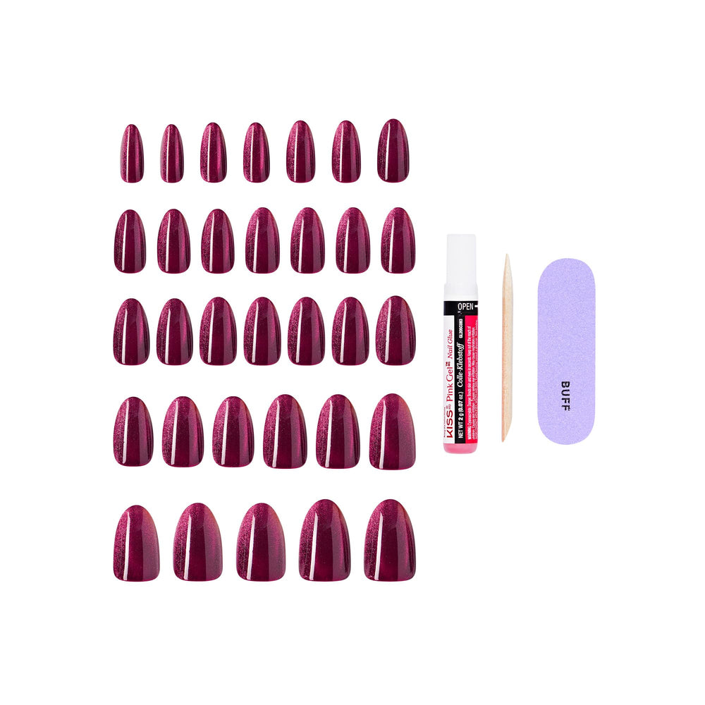 KISS kit contents laid out with 32 nails glue and tools for full at-home manicure