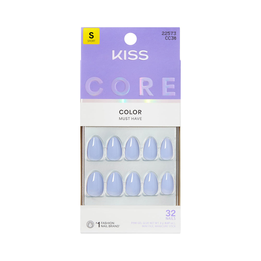 KISS front packaging showing 'Flee' blue nails and included tools for quick application