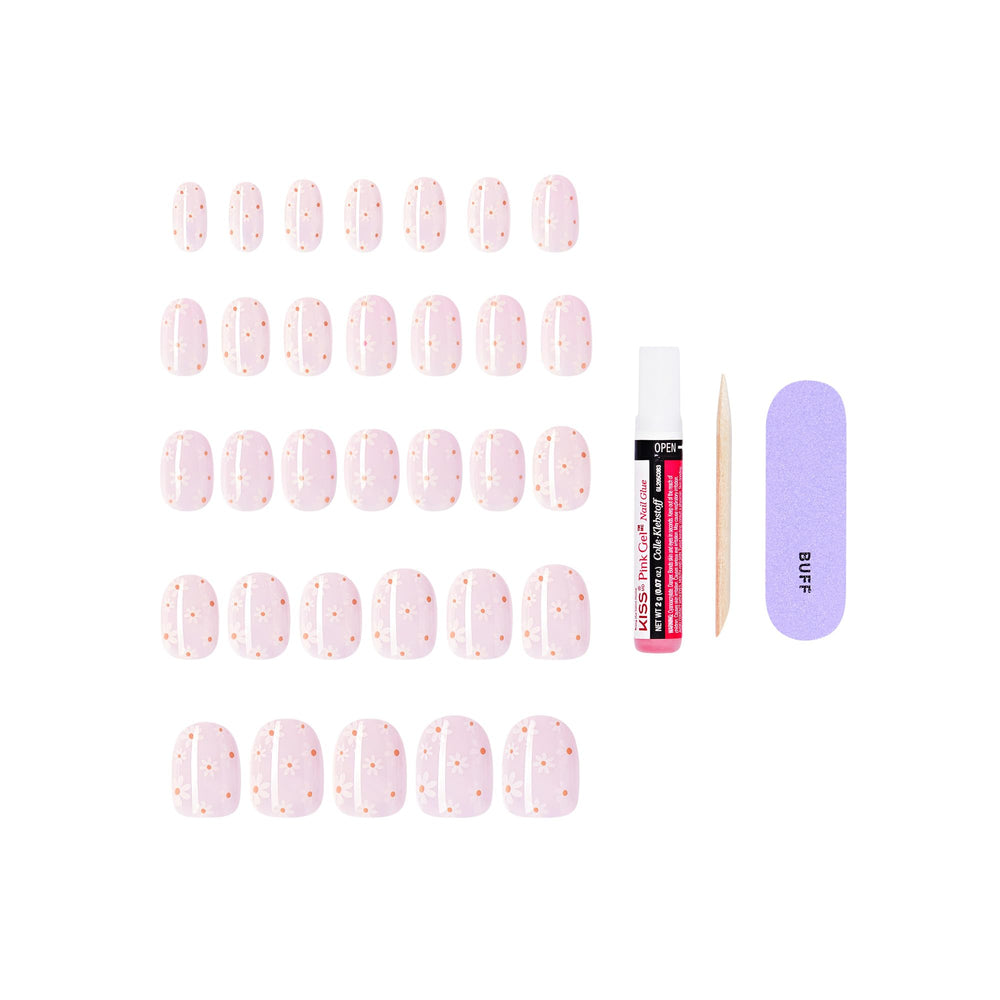 KISS glue, manicure stick, and mini file displayed with nails for complete kit convenience