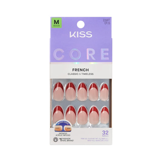 KISS front packaging showing Optimistic red nails and kit benefits
