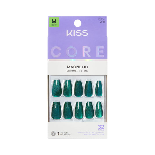 KISS core front packaging showing teal-blue shimmering coffin nails and included tools for quick wear