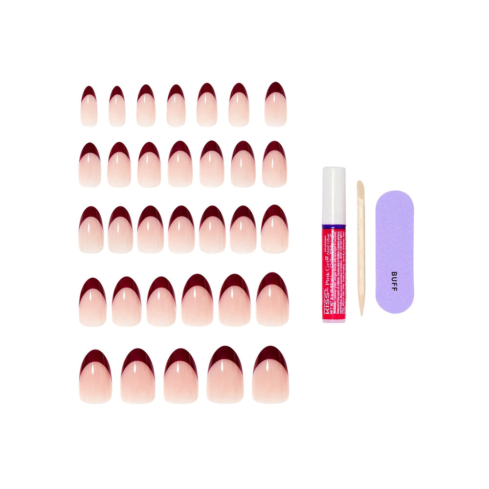 KISS glue and manicure tools flatlay demonstrating included application items