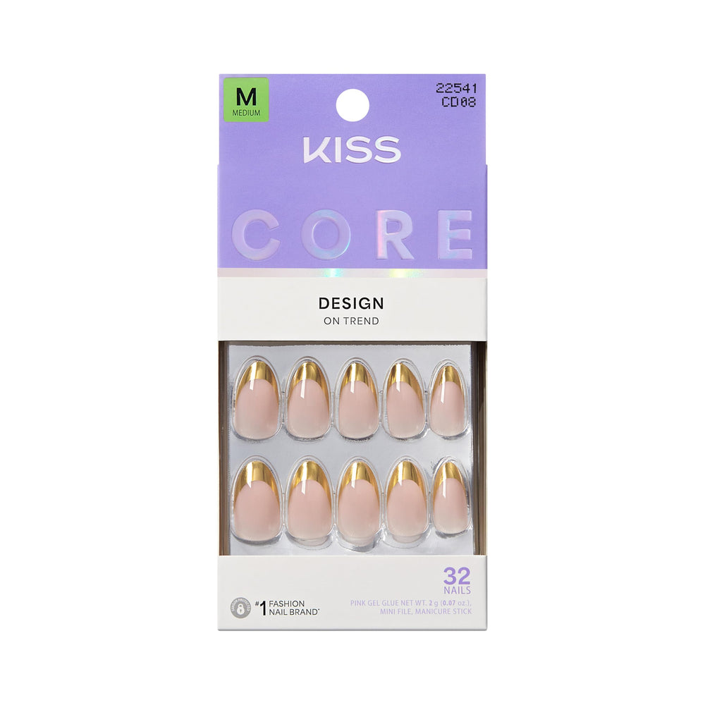 KISS front package showing beige almond press on nails and tools for easy selection