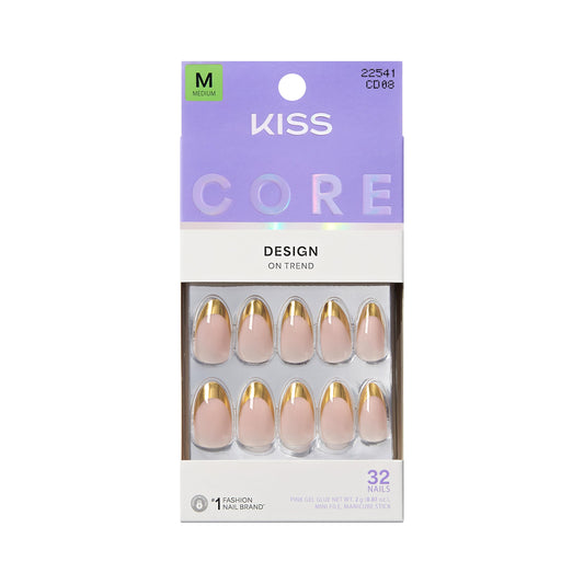 KISS front package showing beige almond press on nails and tools for easy selection