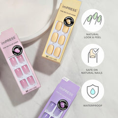 KISS Dolce Pink kit contents with prep pad, mini file, and manicure stick for convenience