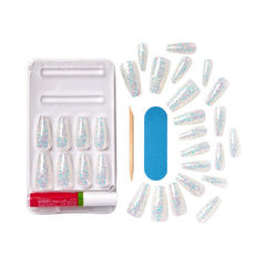 KISS kit contents with pink gel glue and manicure stick for secure, salon hold