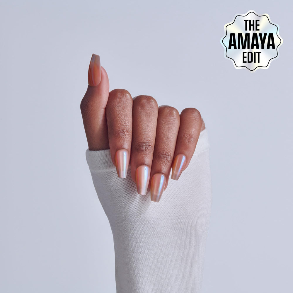 KISS close-up row of Dusk Mirage nails highlighting varied sizes