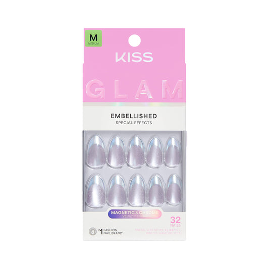 KISS Glam front packaging showing pink almond set and included tools benefits quick setup