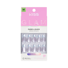 KISS Glam front packaging showing pink almond set and included tools benefits quick setup