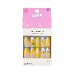 KISS Glam front packaging showing yellow long almond nails and kit contents